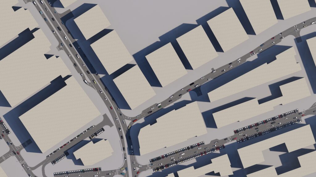 a 3d model of a city with buildings and a street.
