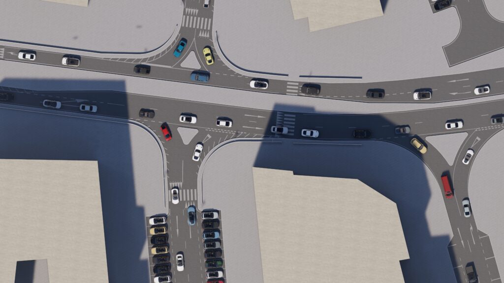 an aerial view of a city intersection.