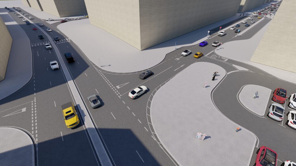 an aerial view of a city intersection.