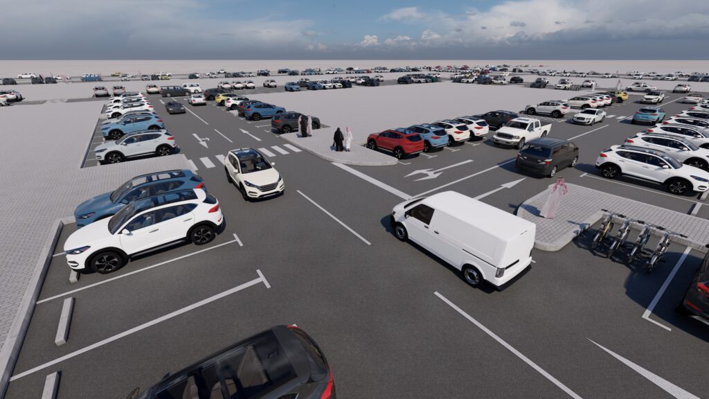 3d rendering of a parking lot with cars parked in it.